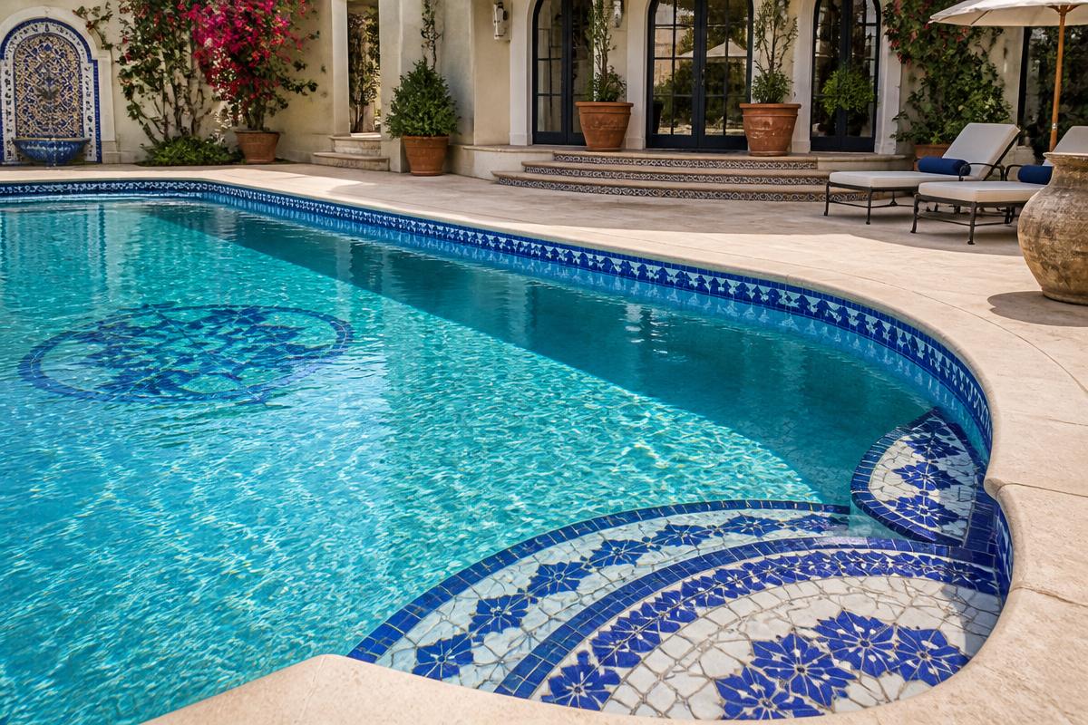 Classic Mediterranean pool with cobalt and white mosaic tile border and medallion