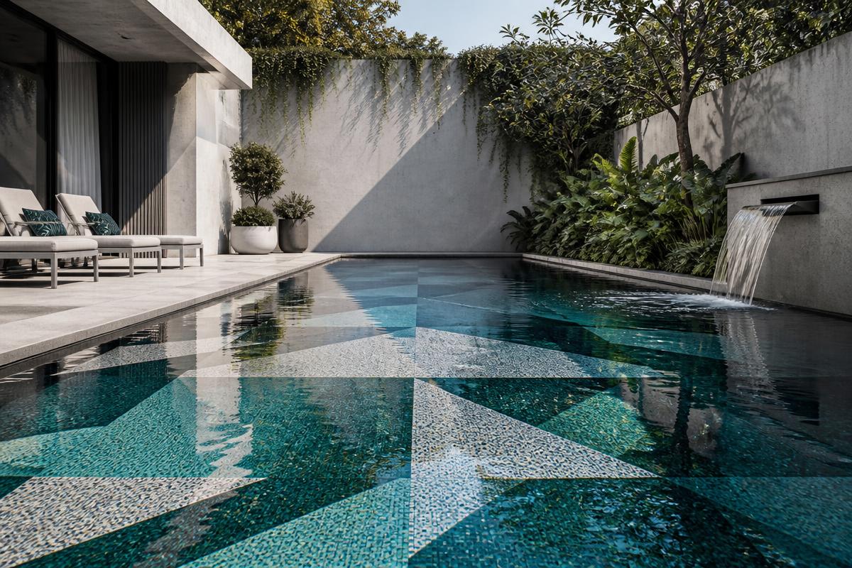 Modern pool with geometric teal and silver mosaic tiles