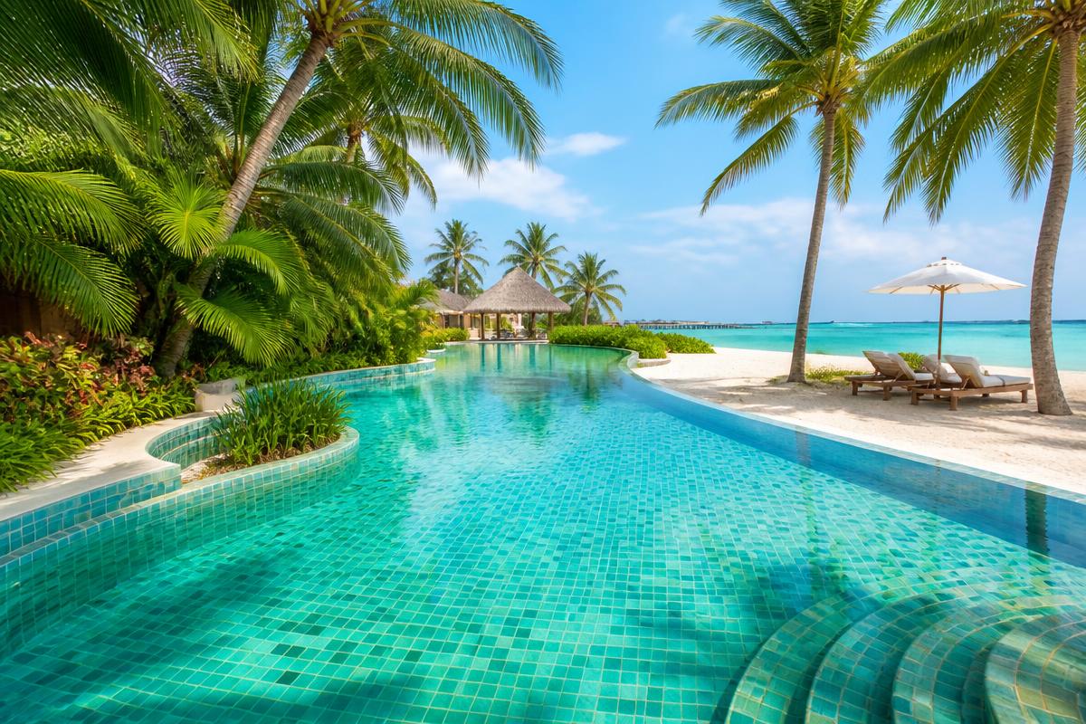 Tropical resort pool with aqua and seafoam green mosaic tiles