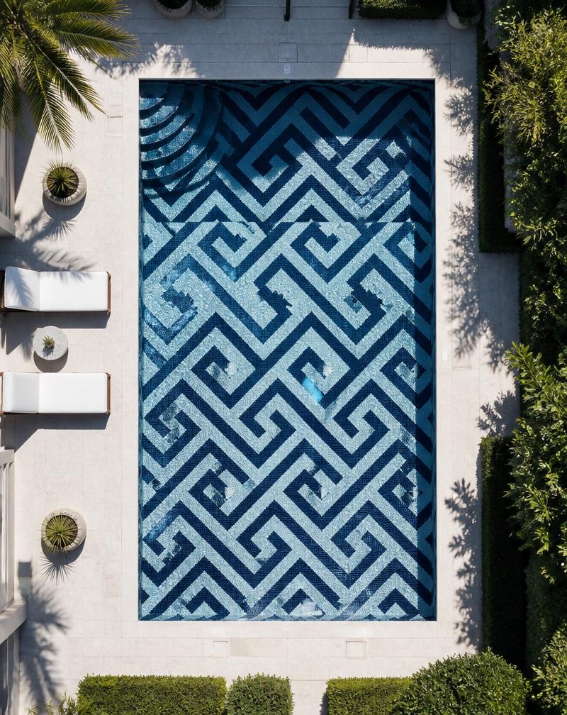 Aerial view of a pool with bold geometric navy mosaic pattern