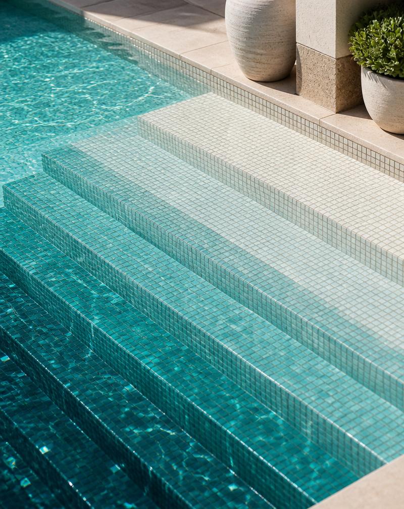 Sunlit pool steps with gradient teal mosaic tiles